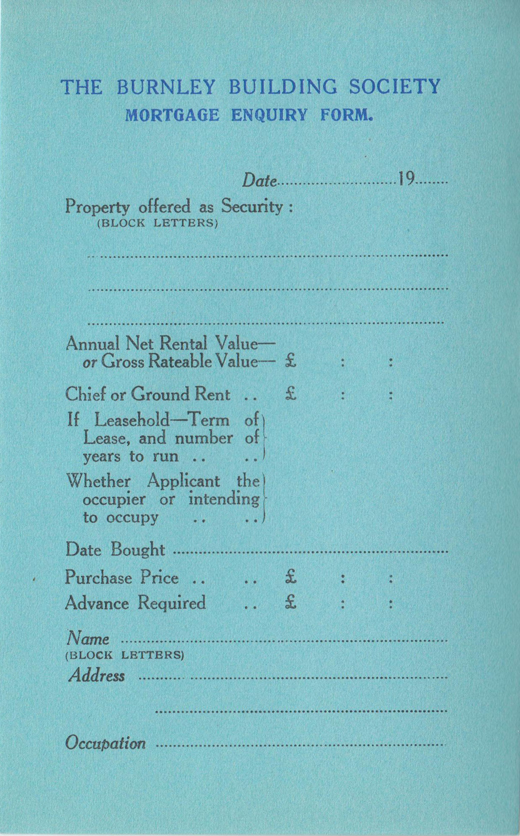 Burnley Building Society 1935 Mortgage Enquiry Form